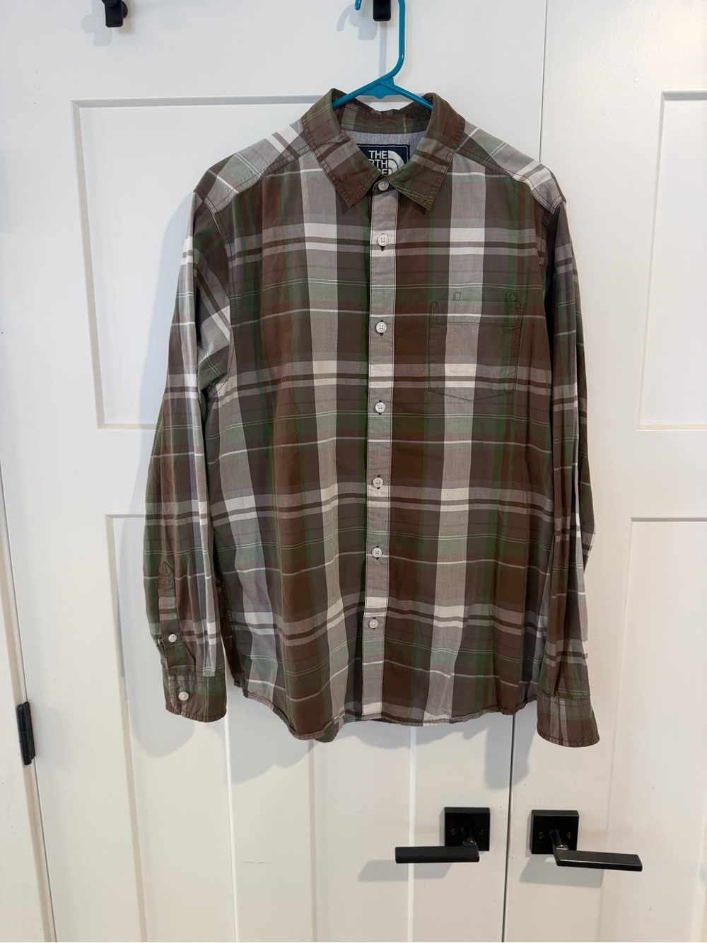 The North Face Men's Brown and Green Plaid Button-Down Shirt
